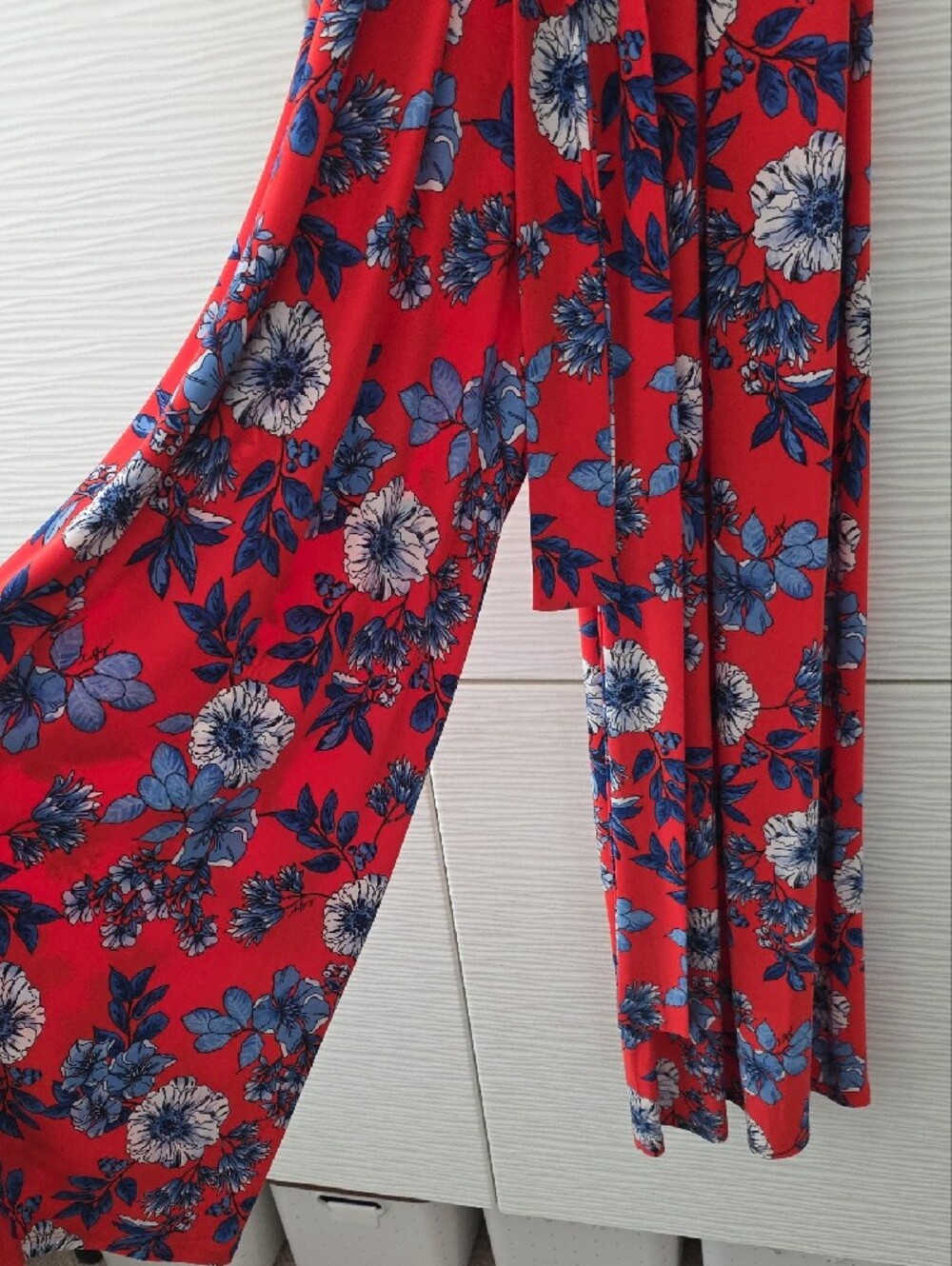 Tommy Hilfiger Red Floral Wrap Jumpsuit with Blue & White Blooms - Picture 2 of 5